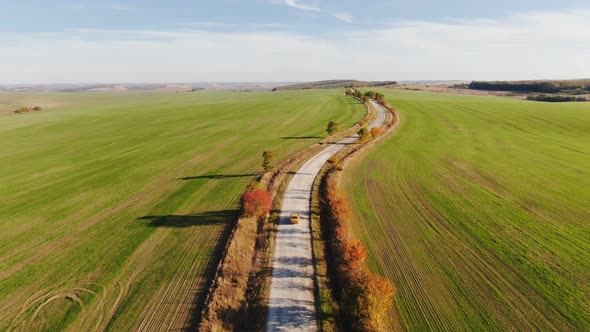 Aerial View of Autumn Road Car