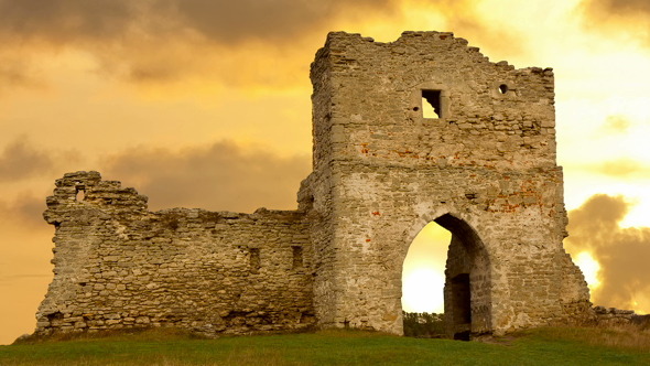 Ruined Gates Of Cossack Castle At Sunset