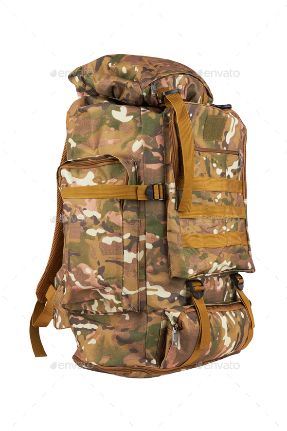 Camouflage backpack on white - Stock Photo - Images