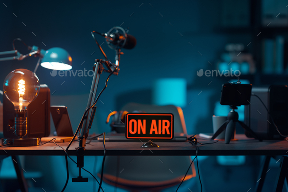 Live online radio studio with on air sign