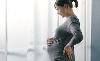 Happy pregnant woman posing at home