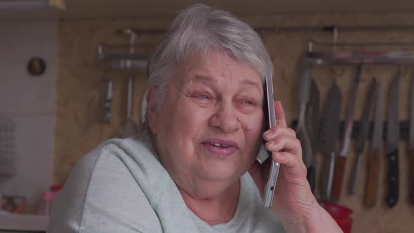 Closeup Portrait of Happy Elderly Woman Talking on a Smartphone