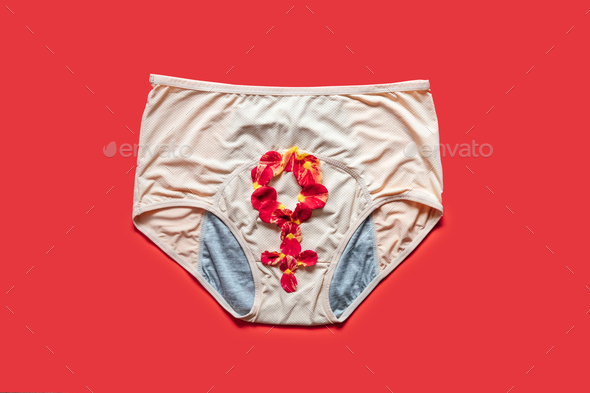 Woman Health Period menstrual problems. Reusable period underwear with venus symbol on red