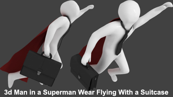 3D Man in Superman Cape Flying With a Suitcase