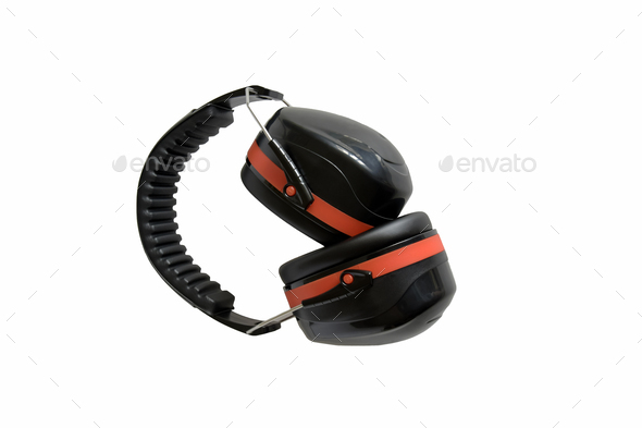 Professional protective headphones isolated on white background. Protection of hearing organs.
