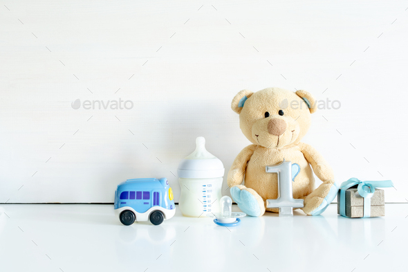 Teddy bear toy, gift box, digit one. Baby shower,present for child first birthday,newborn party
