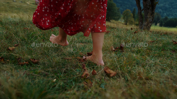 Bare woman feet walking on green grass close up. Unknown girl stepping on meadow