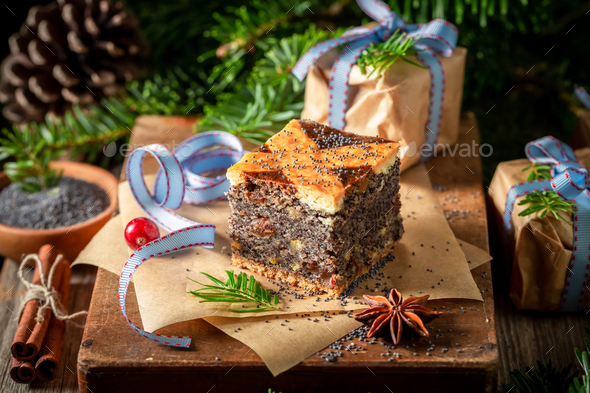 Traditionally poppy seed cake packed in take away for Christmas.