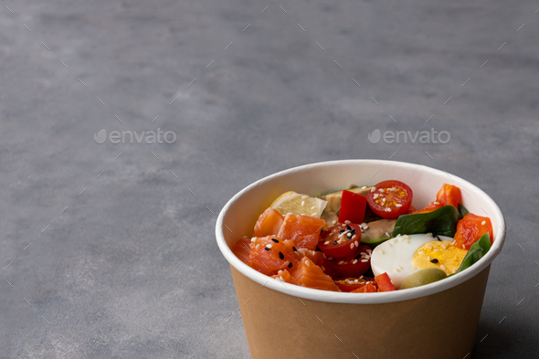 Takeaway Poke Bowl With Fresh Salmon, Avocado, Quinoa In Recycled Kraft ...