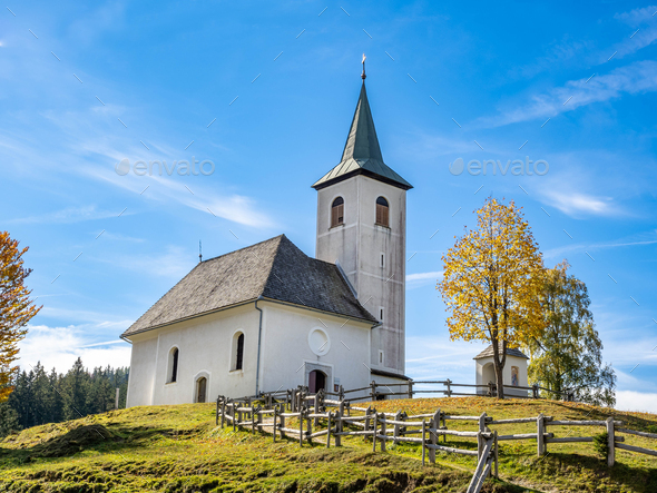 The church of the Holy Spirit in panoramic road of Solcava, Slovenia