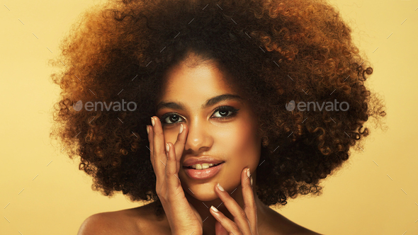 Beauty Portrait Of Smiling African American Woman With Beautiful Afro Hairstyle Curly Brown 0226