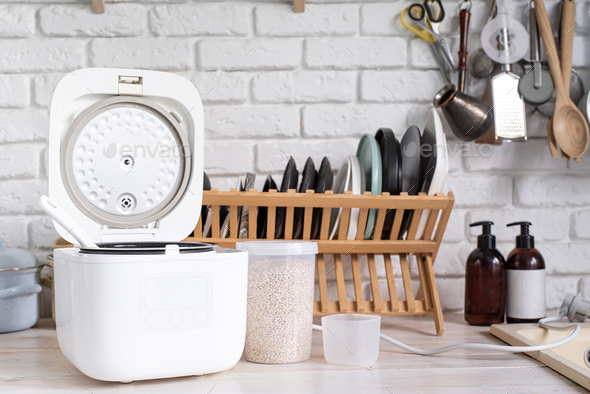 Kitchen utensils on work top, Stock image