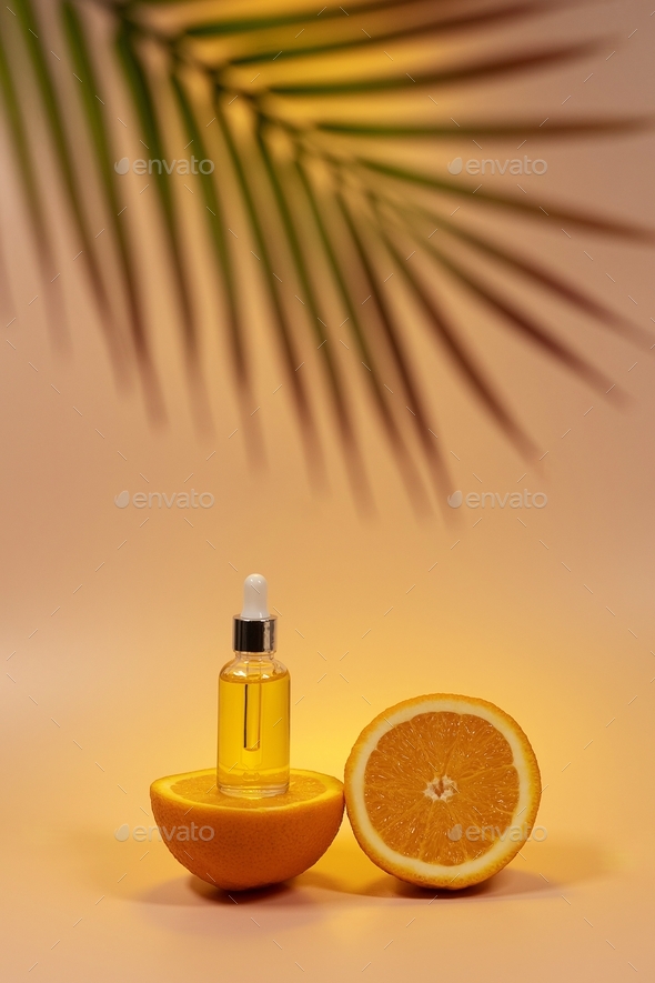 Orange oil. Facial oil. Apclesins. Palm leaf.