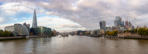 Panoramic View of River Thames and City Skyline during morning sunrise. City of London