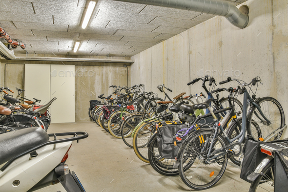 Spacious garage with motorcycles and bicycles