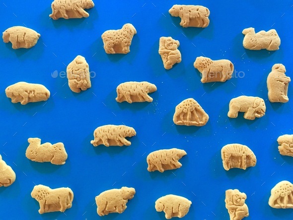 Animal crackers scattered on blue background