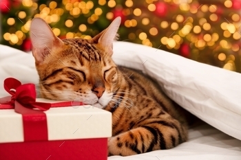 Cat sleeping on gift box near Christmas tree