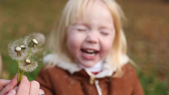 Beautiful Little Baby Girl Blowing on a Dandelion with Mother