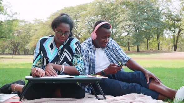 Young African couple relaxing and drawing during picnic in the park