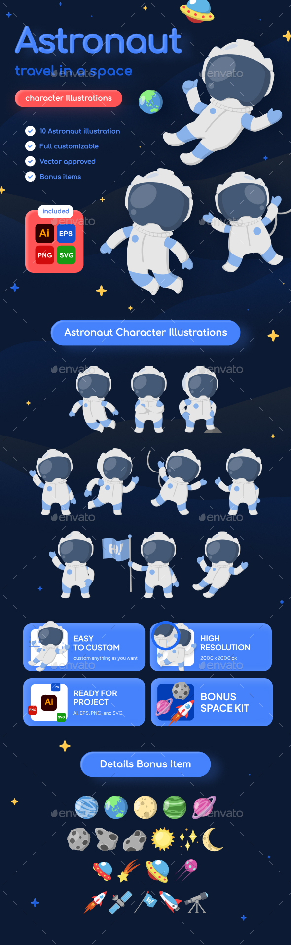 Astronaut Travel in Space Character Illustrations