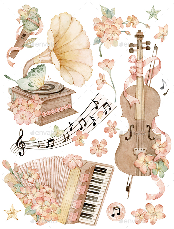 Hand Painted Watercolor Instrument and Bouquet Clip Art