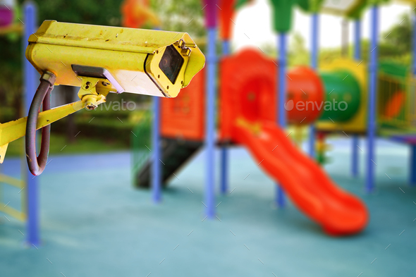 CCTV Closed circuit camera security, TV monitoring at kindergarten school playground for kid.