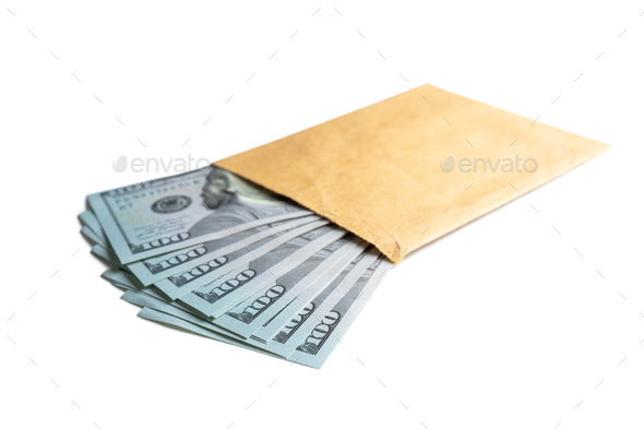 Pile of new design US dollar bills in brown envelope isolated on white background - Stock Photo - Images
