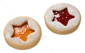 Traditional Christmas Linzer Cookies isolated on white background. Homemad cookies close up
