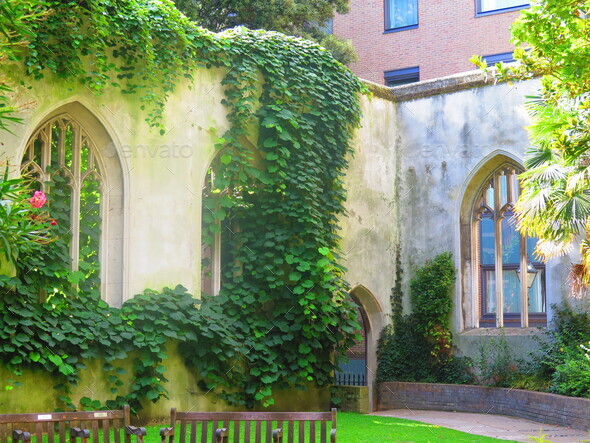 Old abandoned castle building in London, England, UK. London city hidden places. St. Dunstan in the