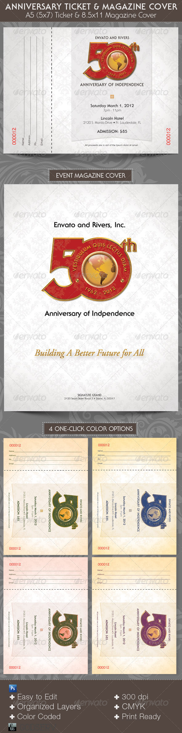 Anniversary Event Ticket Plus Magazine Cover Template - Miscellaneous Print Templates