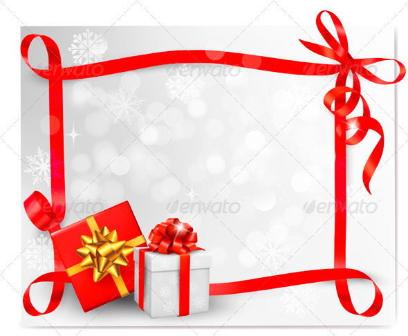 Holiday background with red gift bow and ribbons - Christmas Seasons/Holidays