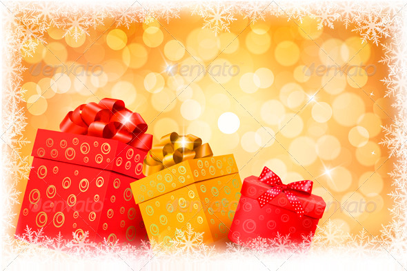 Christmas gold background with gift color boxes - Christmas Seasons/Holidays