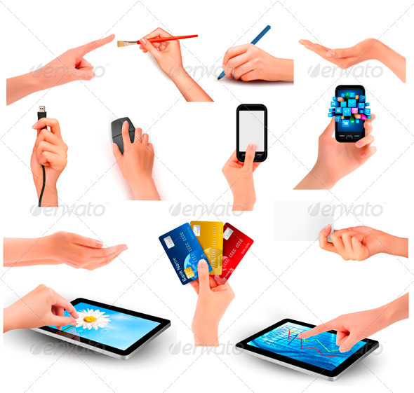 Set of hands holding different business objects - Concepts Business