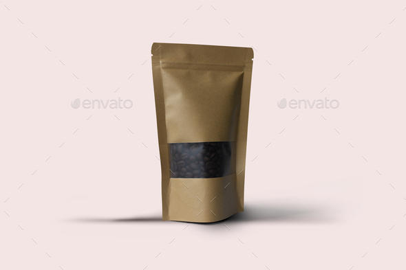 Blank Brown Kraft Paper Bag With Coffee Beans In Transparent Window On