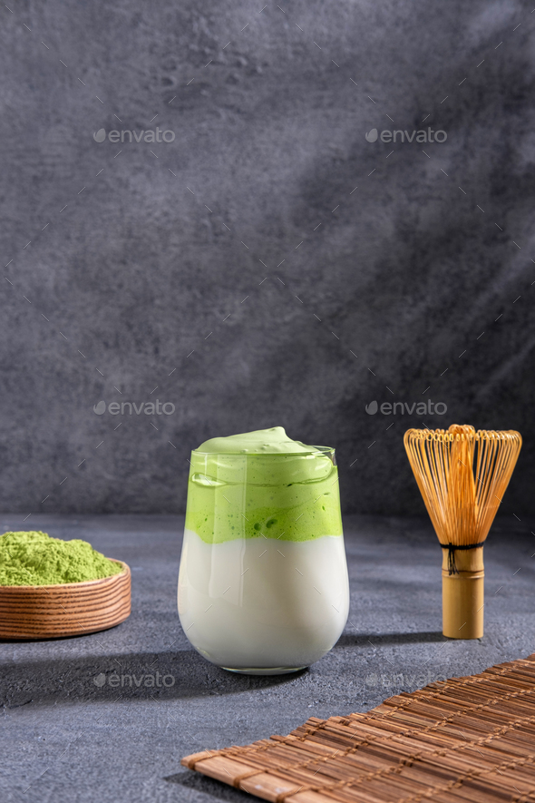 Matcha tea. Iced green tea matcha latte in glass. Green tea dalgona