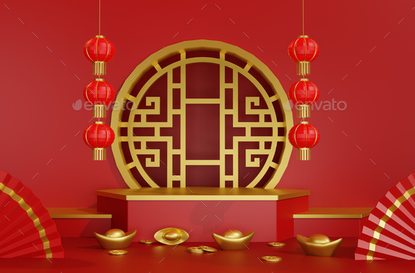 Product display with copy space. Podium round stage podium Chinese new year. 3d render - Stock Photo - Images