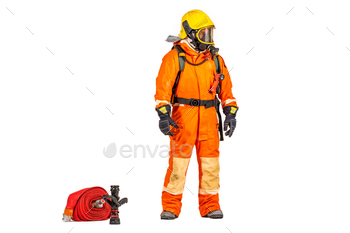 Firefighter man wearing protective fire suite and helmet with equipment and accessories is fire safe