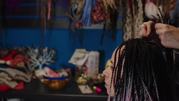 A Female Stylist Attaches Senegalese Braids to a Woman in a Beauty Salon alt