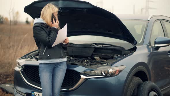 Car Insurance Broken Car. Auto Insurance Document.Woman Calling To Car Insurance Company.Driver Car alt