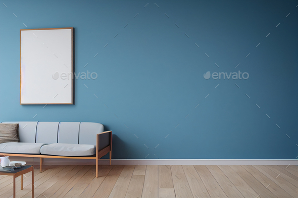 Empty poster frame on wall in living room interior with modern ...