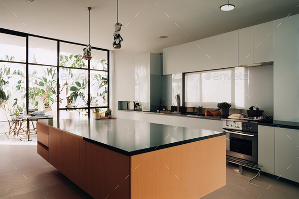 A kitchen in a Post-Modern Home in the style of a minimalist architecture,wallpaper copy space backg