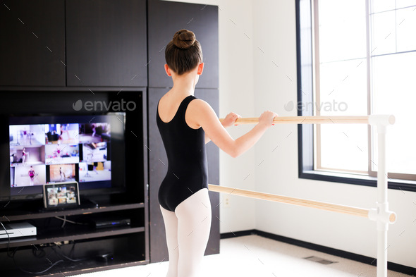 Girl taking ballet dance classes online via zoom