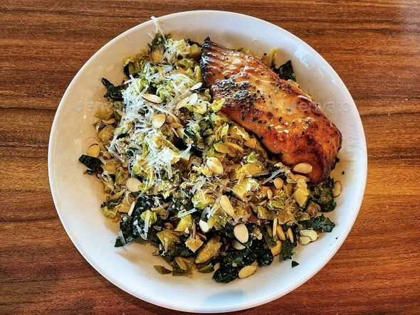 Brussels Sprouts Super Salad with grilled Salmon