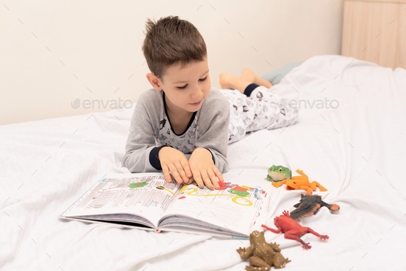 Child boy lies on the bed and reads a book to his toys. Relaxing at home concept.