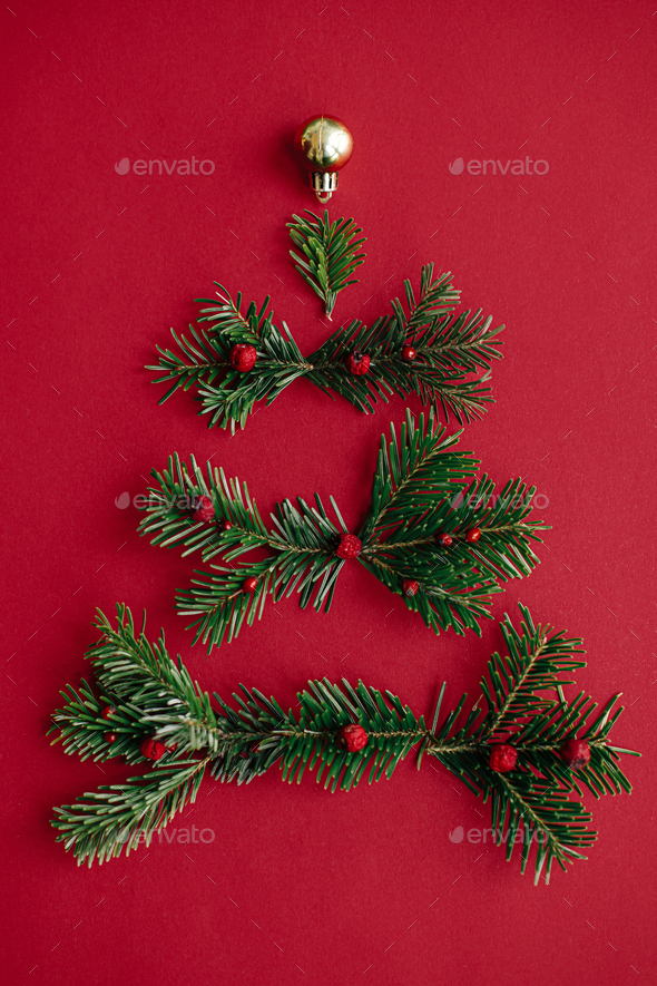 Merry Christmas! Modern Christmas tree, winter holidays flat lay