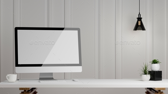 Desktop pc computer blank screen mockup on modern working desk