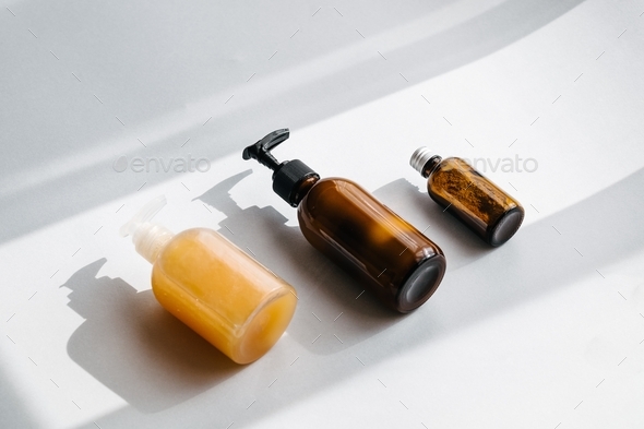 Beauty products, organic spa cosmetics, skin and body care, brown glass bottles