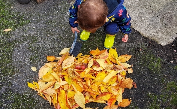 My son between the autumn leaves