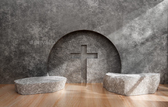 Stone product podium with cross symbol.  - Stock Photo - Images