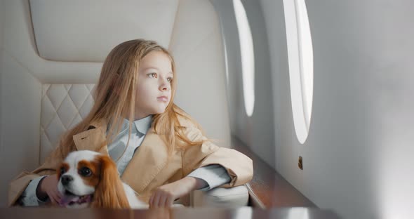 Portrait of Cute Preteen Girl Travelling with Cocker Spaniel Dog By Commercial Airplane alt